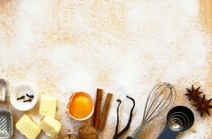Baking utensils, spices and food ingredients with copy space.